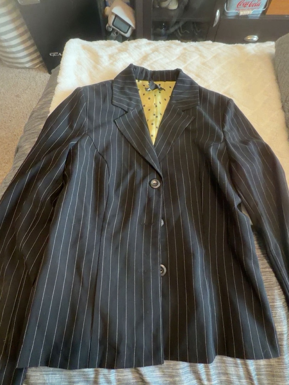 I.N. Studio Black Pinstripe Blazer with Yellow Polka-Dot Lining